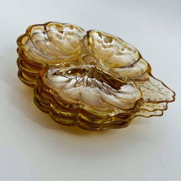 Jeanette Glass Marigold MCM Carnival Glass Candy 3-Section Leaf Clover Dish Vtg - Picture 10 of 10